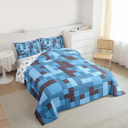 Pixel Grid Miners Comforter Set King Size,Reversible Gamepad Video Games Kids Bedding Set,Army Camo Geometric Quilt Comforter,Black Light Blue Duvet Insert,2 Pillowcases