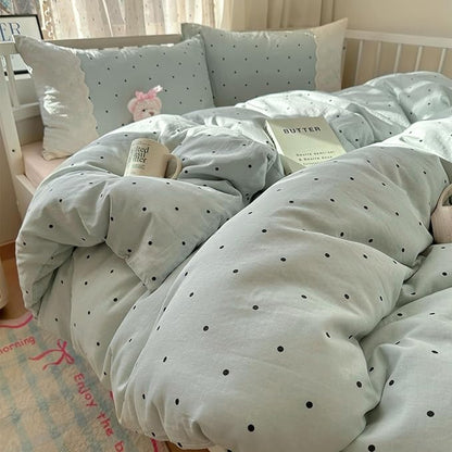 VM VOUGEMARKET Sage Green Comforter Set Twin XL Cute Black Dots Bedding Set,Soft Microfiber Princess Style Lace Comforter/Quilt with 2 Pillowcases,Romantic &Elegant-68 x90