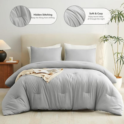 CozyLux Queen Comforter Set Light Grey, 3 Pieces Solid Comforters Queen Size Breathable Bedding Sets, Light Gray Luxury Soft Lightweight Bed Set with Down Alternative Comforter and 2 Pillowcases