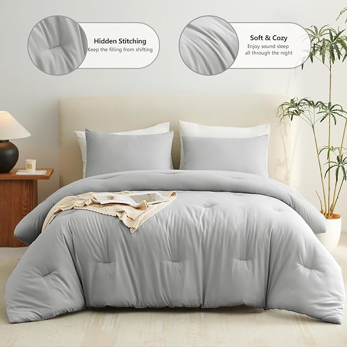 CozyLux King Size Comforter Set Light Grey, 3 Pieces Solid Comforters King Size Breathable Bedding Sets, Light Gray Luxury Soft Lightweight Bed Set with Down Alternative Comforter and 2 Pillowcases