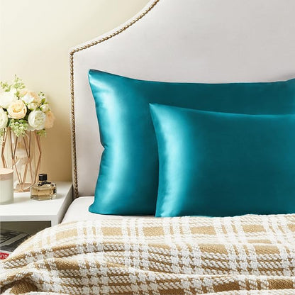 BEDELITE Satin Pillowcase with Zipper, Teal Pillow Cases Queen Size Set of 2, Super Soft and Cooling Similar to Silk Pillow Cases, Gift for Women Men(20x30 Inches)
