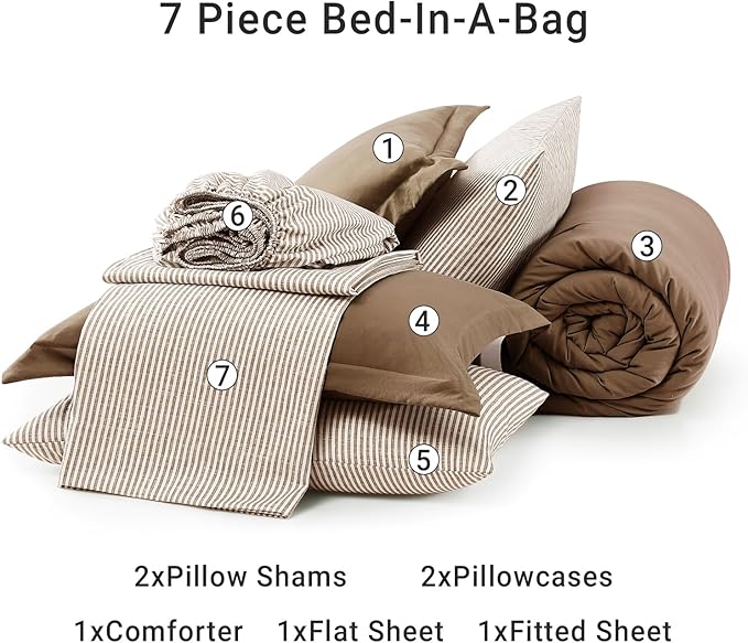 Monbix Queen Comforter Set - 7 Pieces Brown Prewashed Bed in a Bag Queen Bedding Sets with Comforters, All Seasons Ultra Soft Comforter Bed Set with Sheets,Pillowcases & Shams