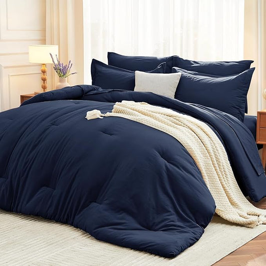 MUXHOMO 5 Pieces Twin Comforter Set, Soft Bed in a Bag Twin Size, All Season Bedding Set with Comforter, Flat Sheet, Fitted Sheet, Pillowcases & Shams, Navy Blue