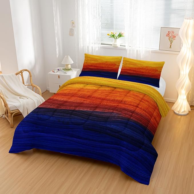 Geometric Splicing Comforter Sets King Size,Orange and Blue Graffiti Bedding Set for Your Room,Abstract Soft Lightweight Quilted Set All Season,1 Comforter and 2 Pillowcases