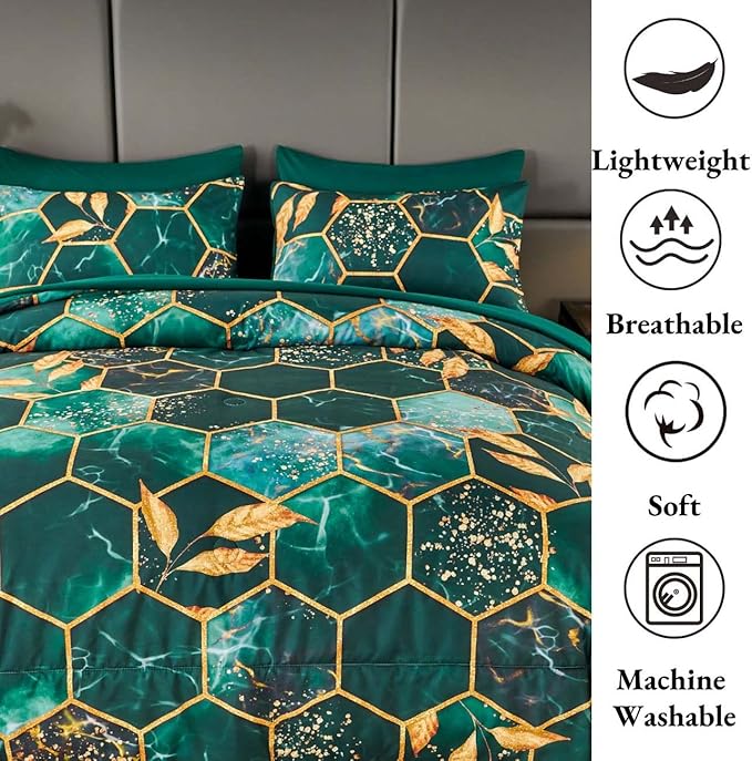 ANGIYUIN 3D Marble Printed Emerald Green Comforter Set Full, 7Pcs Geometric Hexagon Theme Comforter Gold Trim Bed in A Bag Full, Modern Watercolor Foil Print Bedding Set with Sheets (Green Full)