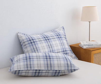 SLEEPBELLA Blue White Grid Duvet Cover Set, 100% Cotton Bedding, Buffalo Plaid Geometric Checker Pattern, with Button Closure (3pcs, Queen Size)