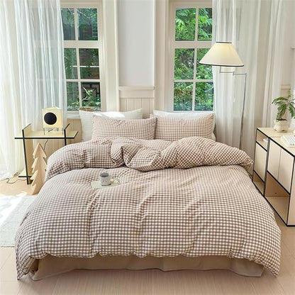 Nayoroom Brown Gingham Duvet Cover King Size Tan White Plaid Checkered Duvet Cover 3 Pieces Grid Dorm Bedding Set with 2 Pillowcases, Soft Breathable Washed Microfiber