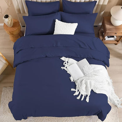 Litanika Oversized King Comforter Sets Navy Blue - 7 Pieces Bed in a Bag Oversized King Bedding Comforter Sets, Solid Lightweight Bed Set with Comforter, Sheets, Pillowcases & Shams