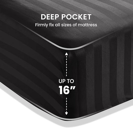 SLEEP ZONE Striped Cooling Sheets Set Full Size - Fitted Flat Sheet & Pillowcase Sets 4 Piece - Super Soft Stripe Bed Sheet, Easy Care, Deep Pocket (Black, Full)