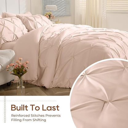 Sasttie California King Comforter Set, 7-Piece Bed in a Bag, Pintuck Bedding Sets for All Season, Includes Comforter, Flat Sheet, Fitted Sheet, Pillowcases and Pillowshams, Blush Pink