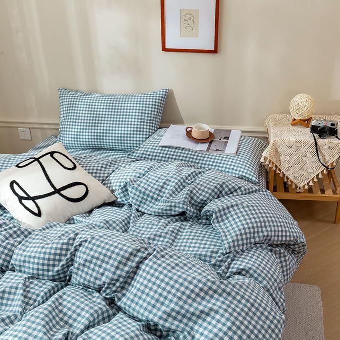 EAVD Blue Gingham Comforter Set Full Soft Fluffy White and Blue Plaid Bedding Set with 2 Pillowcases Modern Grid Plaid Comforter Set Reversible Farmhouse Gingham Bedding Set for All-Season