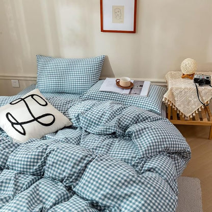 EAVD Blue Gingham Comforter Set Full Soft Fluffy White and Blue Plaid Bedding Set with 2 Pillowcases Modern Grid Plaid Comforter Set Reversible Farmhouse Gingham Bedding Set for All-Season
