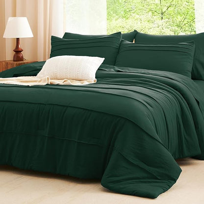 CozyLux Full Size Comforter Sets Emerald Green, 7 Pieces Soft Pinch Pleat Bed in a Bag Full Comforter Set with Sheets, Bed Set with Down Alternative Comforter, Sheets, Pillowcases & Shams