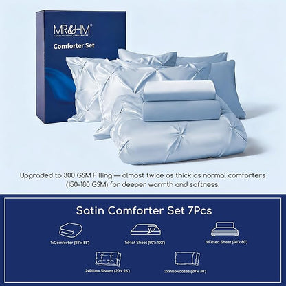 MR&HM Satin Comforter Queen 7 Pieces - Luxurious Pinch Pleat Bedding Set with Comforter, Flat Sheet, Fitted Sheet, Pillowcases & Shams, Super Silky Soft Bed Set for All Season (Queen, Blue Haze)