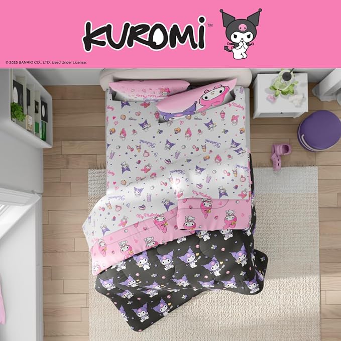 Sanrio Kuromi & My Melody Bedding 7 Piece Super Soft Cozy Reversible Comforter and Sheet Set with Sham, Full, (Officially Licensed Product) By Franco