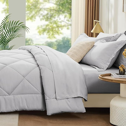 FUANNA 7 Pieces Queen Comforter Set, All Season Bed in a Bag Queen Size, Luxury Soft Bedding Sets with Comforter, Flat Sheet, Fitted Sheet, Pillowcases & Pillow Shams, Light Grey