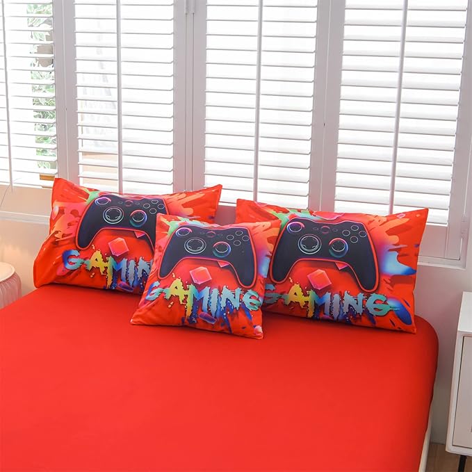 Aimuan Gamer Gaming Bedding Sets 3D Gamepad Comforter Sets for Boys Games Console Action Buttons Novelty Colorful Game Controller Modern Room Decor Home Quilt Set (Red, Full 6PCS)