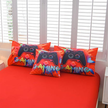 Aimuan Gaming Comforter Sets for Boys Kids Bedding Sets Video Games Console Action Buttons Novelty Colorful Game Gamepad Controller Modern Gamer Room Decor Home Quilt Set (Twin 6 Pcs, Red)