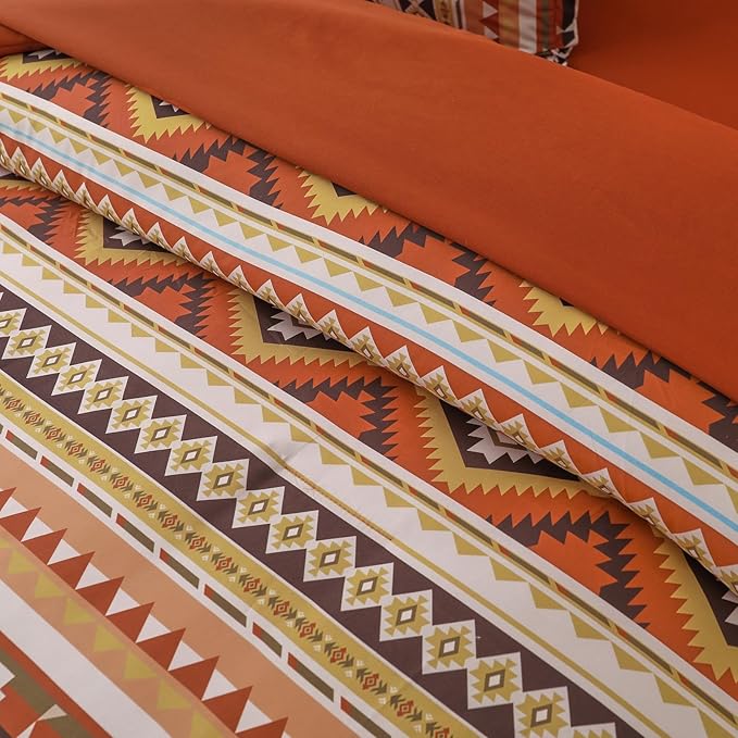 Dinjoy Burn Orange/Terracotta Comforter Set King, Lightweight Boho Bed in A Bag King Size 7 Piece Aztec Striped Bedding Set Fall Comforters Bed for Women Family(90"×104")
