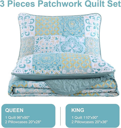 Dobuyly Patchwork Quilt Set Queen Size, Aqua Blue Boho Summer Bedspreads Coverlet Set, 3 Pieces Soft Lightweight Microfiber Quilt Bedding Set for All Seasons 96"x90"