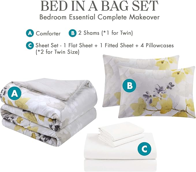 Madison Park Bed in A Bag - Trendy Casual Design Cozy Comforter with Complete Sheet Set with Side Pocket, All Season Cover, Matching Shams, Twin XL, Alexis, Leaf Yellow 6 Piece