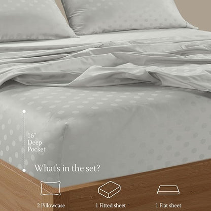 Threadmill Cotton Full Size Sheet Set | 100% Cotton Sheets for Full Size Bed | Damask Jacquard Full Bed Sheets Set with 16” Deep Pocket | Soft Sateen Weave 4-Piece Cooling Bedding Set | Light Grey