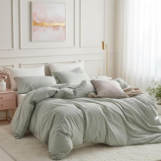 Nayoroom Green Striped Duvet Cover Queen Size 100% Washed Cotton White Pinstripe Duvet Cover 3 Pieces Soft Breathable Girls Dorm Bedding Set for All Seasons, Yarn Dyed Process