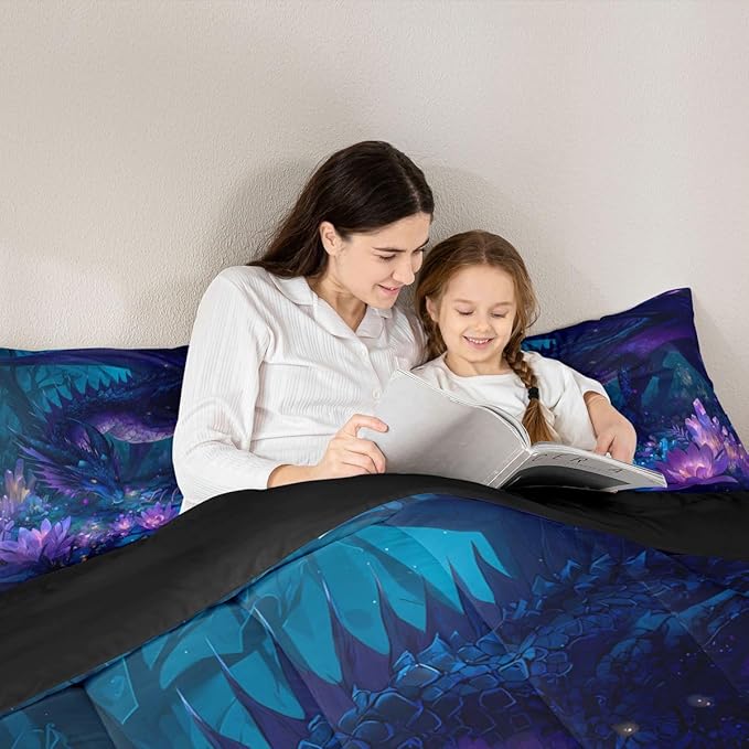 Feelyou Dragon Comforter Set Queen Size Dragon Stuff Bedding Set for Kids Boys Girls Wild Life Duvet Quilt Magic Wildlife Bedroom Decor Purple and Black Microfiber 3 Pcs with 2 Pillow Cases
