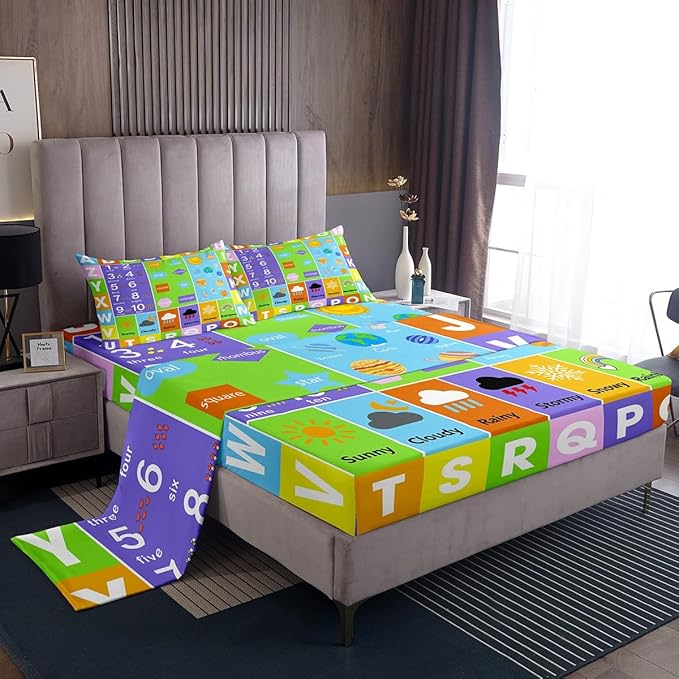 Alphabet Bed Sheet Queen Set,Educational Weather Planets Number Sheets Sets Boys Girls Bedroom Decor,Watercolor Patchwork Bedding Set with Flat,Fitted Sheet,2 Pillow Cases