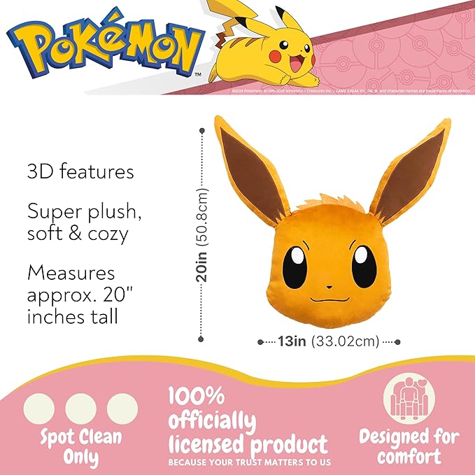 Franco Pokemon Eevee Kids Plush Pillow, Soft Decorative Throw Cushion for Bedroom Décor & Gifts, 20 Inch, (Officially Licensed Product)