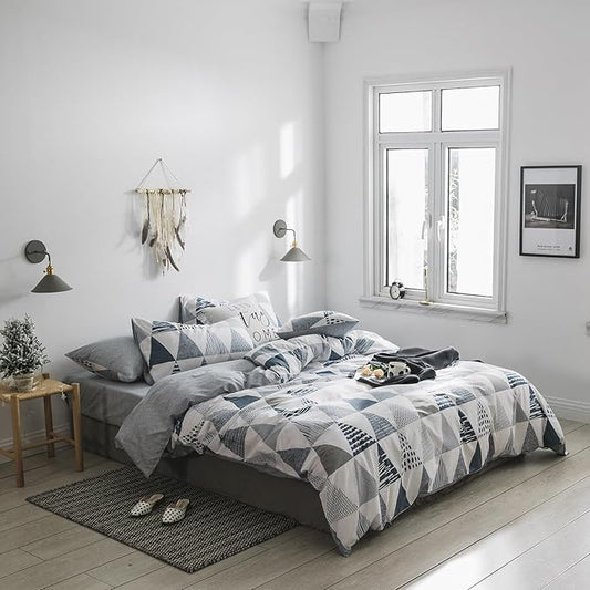 mixinni Full Comforter Sets Men Modern Style Gray Blue Triangle Bedding for Boys Teen Gilrs Geometric Comforter Bed Fluffy-Full Size