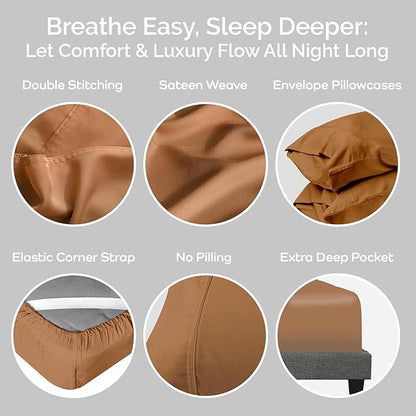 Viscose Bamboo Twin XL Sheets 3PC Set - Extra Long - Cooling Bedding for Hot Sleepers with Moisture Wicking Technology - Silky Soft 16 Inch Deep Pocket, Almond - 38" x 80"