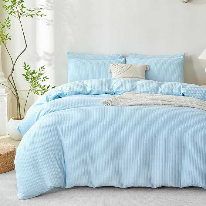 Comforter King Set Light Blue Striped Soft Luxury Washed Microfiber Jacquard 3 Pieces Bedding, Blue Vertical Ticking Stripes Pattern Comforter with 2 Pillowcases Breathable Durable Comfy
