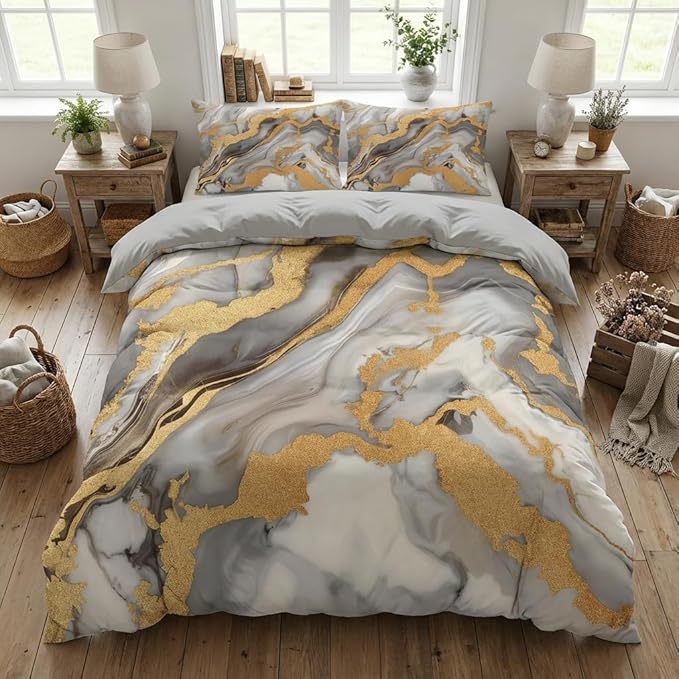 Abstract Marble Print Comforter Set Twin Size, 2 Pieces Modern Abstract Bedding Set with 1 Pillowcase for All Seasons(Gilrs Kids Boys),68"x86"
