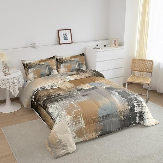 Erosebridal Graffiti Grunge Comforter Set,Brown Grey Tie Dyed Bedding Sets for Women Men,Hand Painted Watercolor Duvet Insert Lightweight,Ombre Oil Painting Down Comforter with 1 Pillowcase Warm,Twin