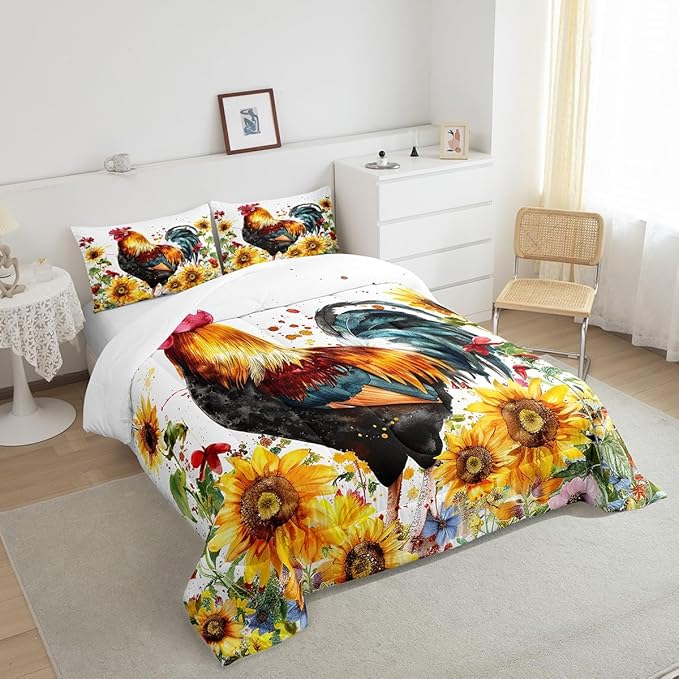 Erosebridal Sunflower Comforter Set King Size, Chicken Bedding Set, Yellow Floral Down Comforter, Watercolor Botanical Chick Animal Red Rooster Duvet Set, Tie Dye Quilted Duvet Bedroom Decor
