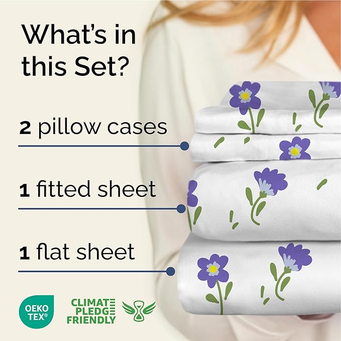 Floral Sheets - Purple Floral Bed Sheet Set - 1 Flat, 1 Fitted & 2 Pillowcases w/ Deep Pockets - Comfy, Wrinkle & Fade Free - Boho Botanical Bedding - Ultra-Soft, Breathable & Cooling - King Size Set