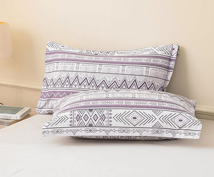 SLEEPBELLA Boho Chic Striped King Size Duvet Cover Set - 100% Cotton with Button Closure in White and Purple