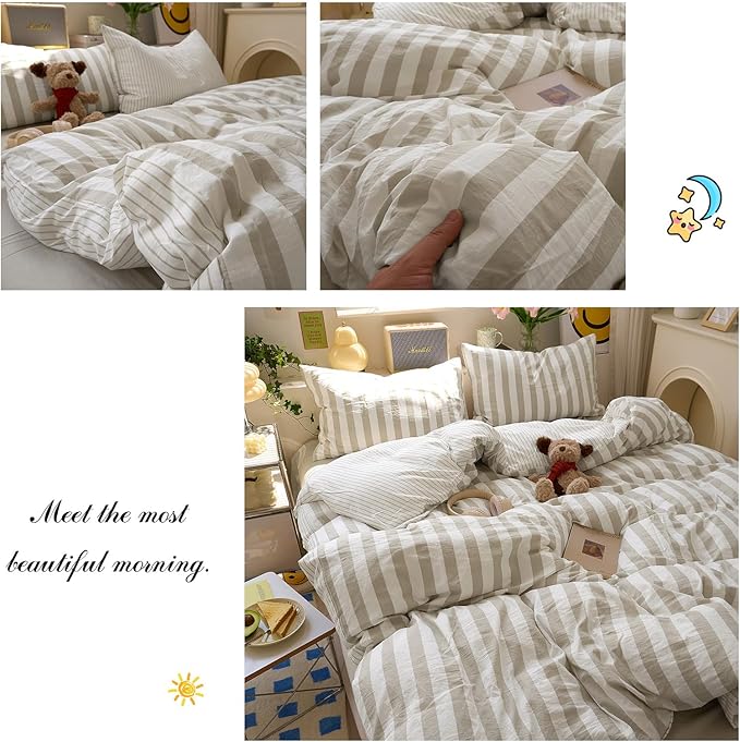 Brown Striped Duvet Cover Full Size Boho Pattern Comforter Cover Full Lightweight Stripe Dorm Room Farmhouse Duvet Cover Set with Pillowcases Teen Boy Bedding Washed Microfiber Duvet Protector