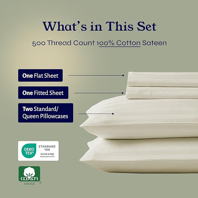 California Design Den 4 Piece Full Size Sheet Set - 100% Cotton 500 Thread Count Sateen, Deep Pocket Bed Sheets with Fitted Elastic Sheet, Soft Luxury - Striped Ivory