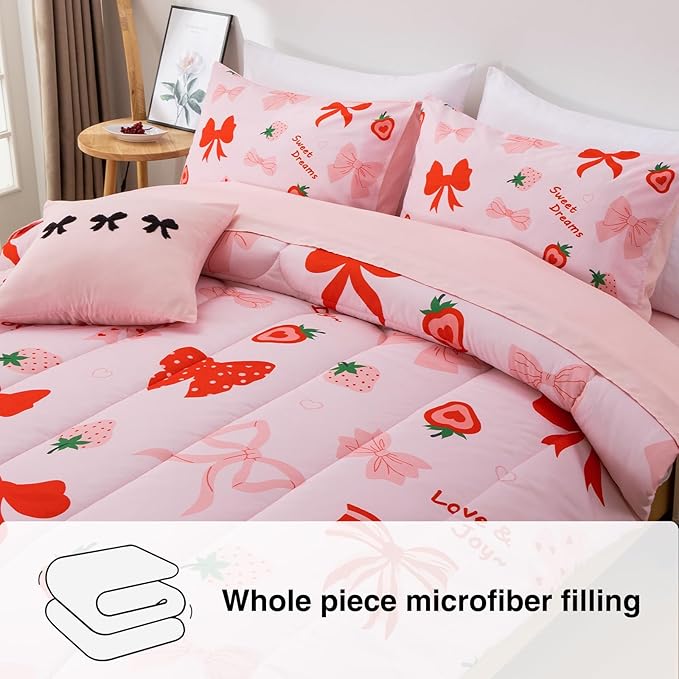 A Nice Night Red Bow Comforter Set,6 Piece Bed in a Bag Matching Sheet Set,Cute Ribbon Bowknot Bedding Sets,Princess Style Strawberry Printed,Light Pink Room Decor for Girls,Twin