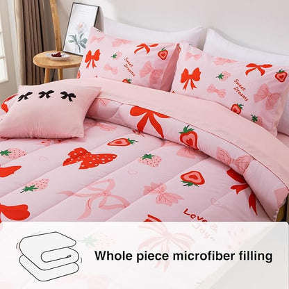 A Nice Night Red Bow Comforter Set,6 Piece Bed in a Bag Matching Sheet Set,Cute Ribbon Bowknot Bedding Sets,Princess Style Strawberry Printed,Light Pink Room Decor for Girls,Full