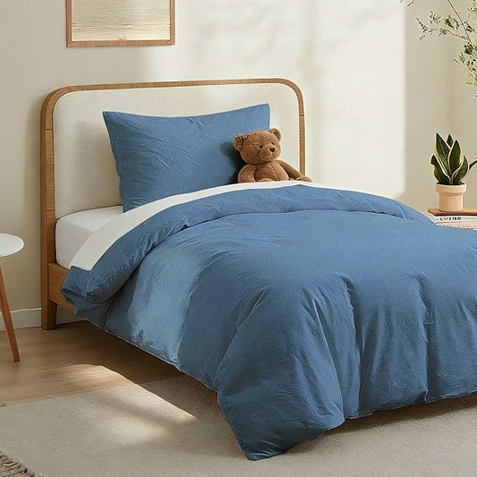 LOVQUE 100% Washed Cotton Duvet Cover Twin Size, Denim Blue Fade-Resistant Natural Bedding Set (No Comforter), 68x90 Inches