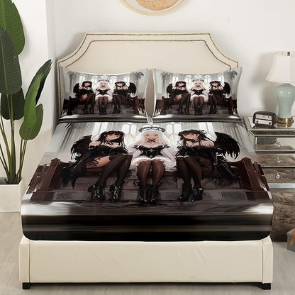 Erosebridal Japanese Anime Twin Size Bedding Set, Anime Girl Bed Sheets Kawaii Japanese Style Fitted Sheet Cartoon Japan Animation Bed Set for Boys Youth Teens Adult Women Bedroom Decor