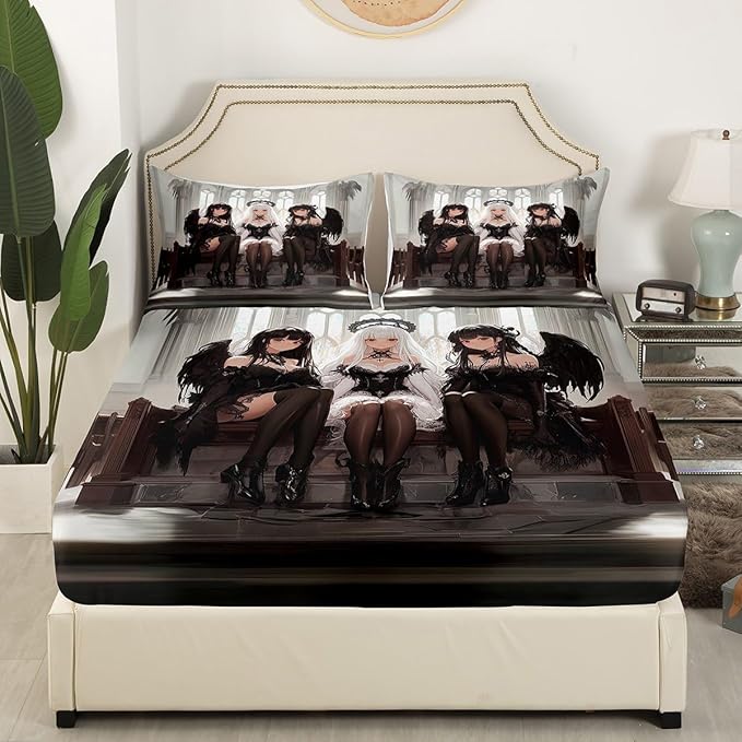 Erosebridal Japanese Anime Queen Size Bedding Set, Anime Girl Bed Sheets Kawaii Japanese Style Fitted Sheet Cartoon Japan Animation Bed Set for Boys Youth Teens Adult Women Bedroom Decor