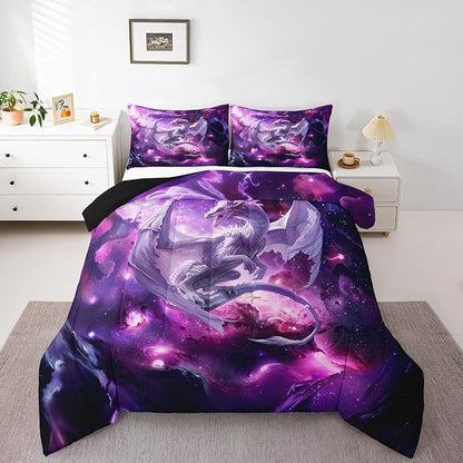 Dragon Galaxy Comforter Set Queen Size,Western Magical Wildlife Bedding Set for Kids Boys Teens Adults Room Decor,Outer Space Animal Duvet Insert 3Pcs,Star Glitter Fantasy Quilt Set,2 Pillowcases
