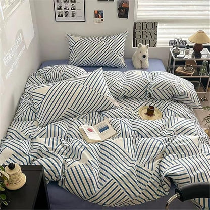 VM VOUGEMARKET Blue Striped Bedding Set King,Instagram Style Geometric Duvet Cover with Zipper Ties 100% Cotton Modern Fashion Bedding Set for Men Women-104x90 Inch