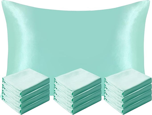 NTBAY 12 Pack Satin Standard Pillowcases for Hair and Skin, Luxurious and Silky Pillow Cases with Envelope Closure, 20 x 26 Inches, Light Blue