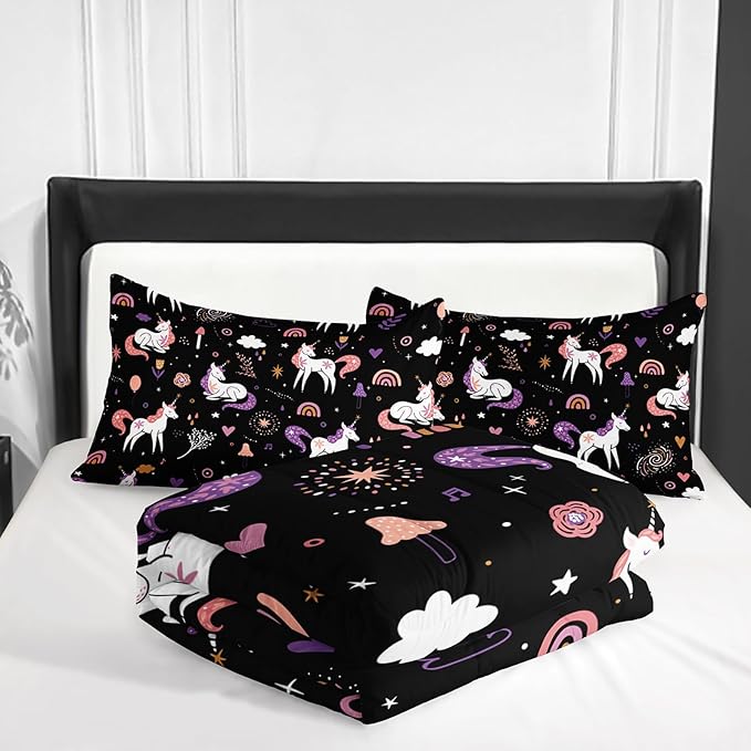 Unicorn 3 Piece Girl Bedding Set King Size,Black 3 Pieces Bedding Set for Girls Kids,Unicorn Comforter Set Girls Room Decor,Rainbow Clouds Star Quilt Set (1 Comforter 2 Pillowcase),All Seasons