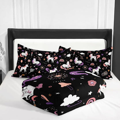 Unicorn 3 Piece Girl Bedding Set King Size,Black 3 Pieces Bedding Set for Girls Kids,Unicorn Comforter Set Girls Room Decor,Rainbow Clouds Star Quilt Set (1 Comforter 2 Pillowcase),All Seasons
